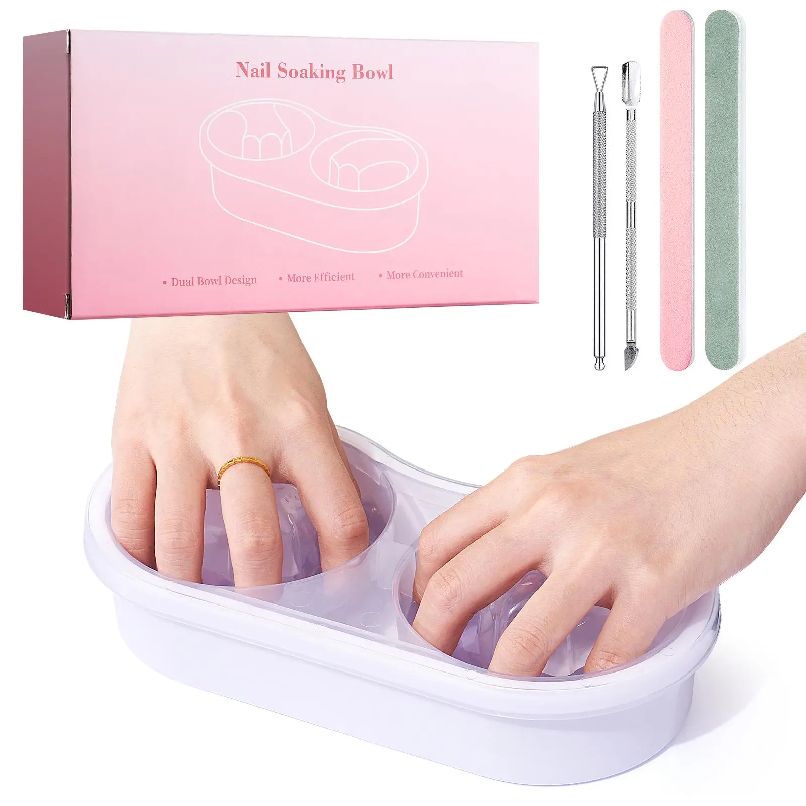 2 in 1 Nail Soaking Bowl with Tools, 1 Set Nail Art Remover Manicure Bowl with Cuticle Tools for Women, Time-saving Soak Off Acrylic Nail Removal Kit for Salon Home