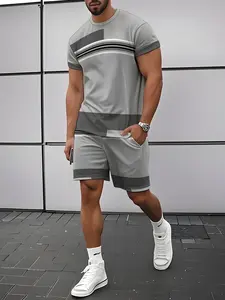 Men's Summer Gray Color Block Striped Casual Set