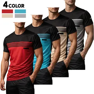 Men's 4-Pack Casual Short-Sleeve Shirts - Menswear Top, Stylish Round Neck, Contrasting Stripe Details, Breathable Soft Fabric, Everyday Summer Wear,summervibes