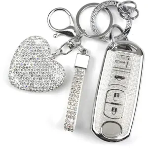 Women's Bling Heart Diamond Keychain Car Key Fob Cover, 4-Button Keys Durable Shell Protector with Full 360° Signal Guard, Mazda-Compatible Car Accessory (3,6,8,Miata MX5,CX3,CX4,CX5,CX7,CX9), Silver