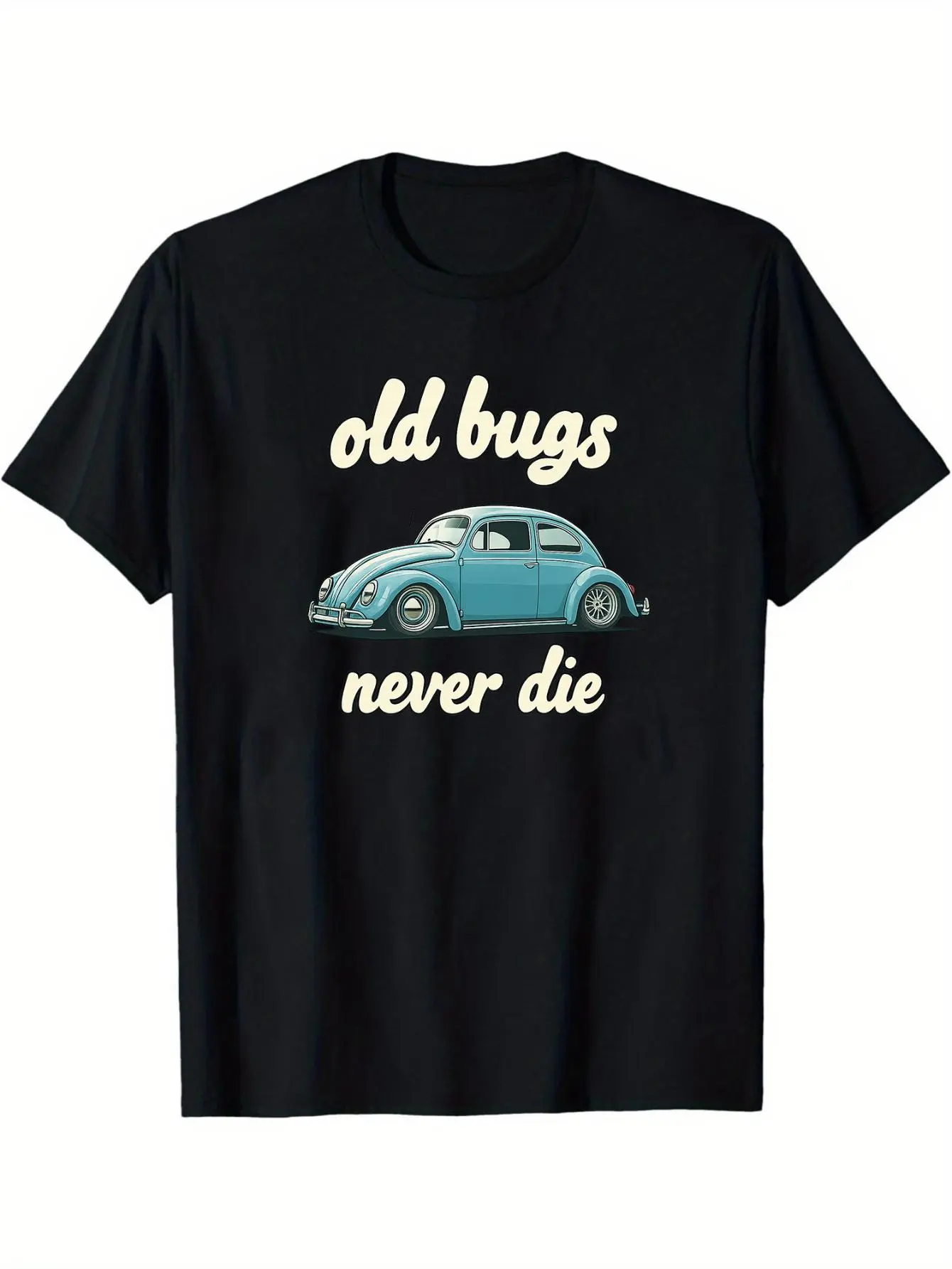 Men's "Old Bugs Never Die" Graphic Tshirt - Classic Volkswagen Beetle Print, Stretch Round Neck Short Sleeves Cotton Menswear, Casual Loose Fit, Machine Washable for Parties, Casual Outfits