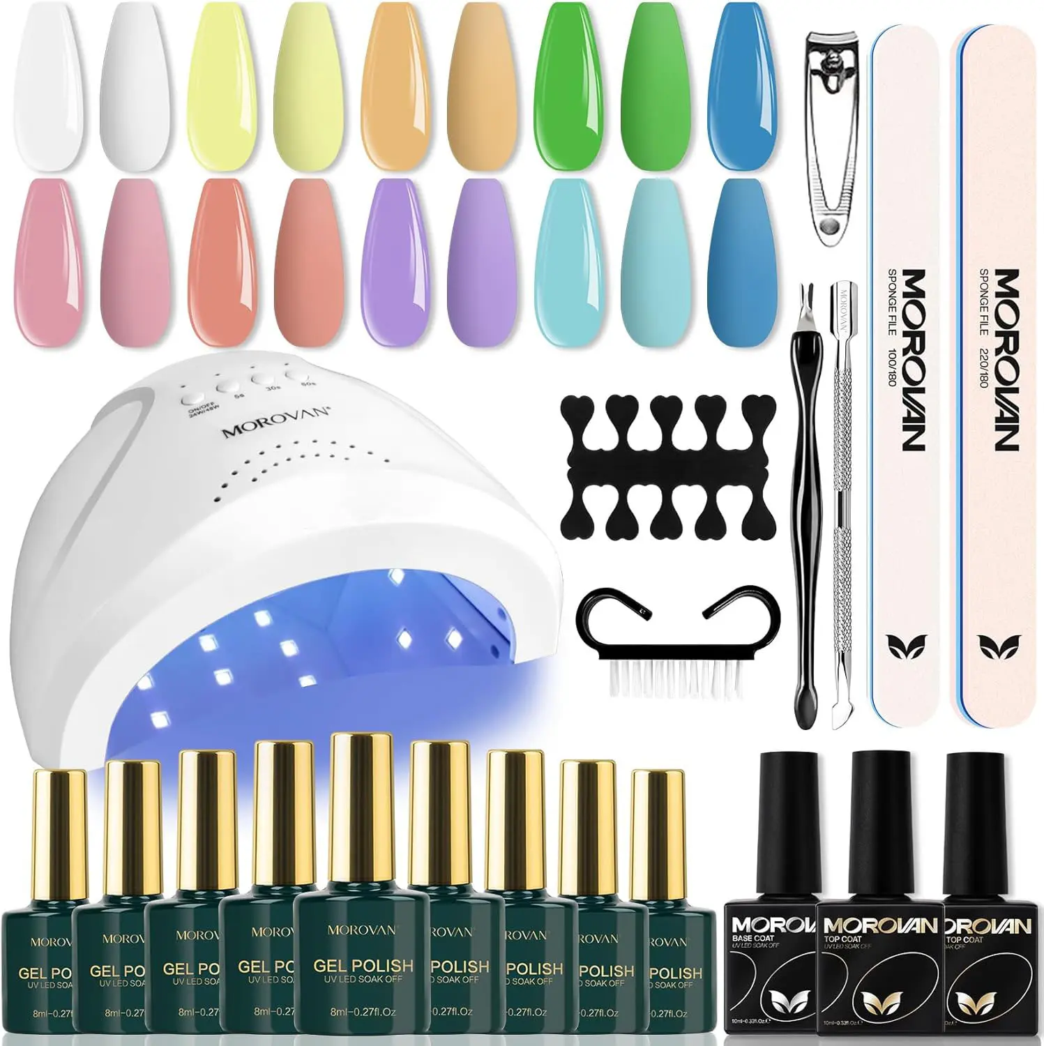 Morovan Gel Nail Polish Kit 48W UV Light 9 Pastel Colors Base Top Coat All In One Manicure Set