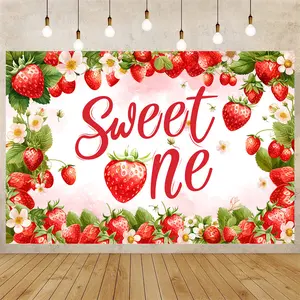 Strawberry Themed Birthday Party Backdrop And Tablecloth Set, 54x108 Inch Tablecloth with 43x71 Inch Photo Background Strawberry Backdrop for Birthday Tablecover and Banner for Party Supplies