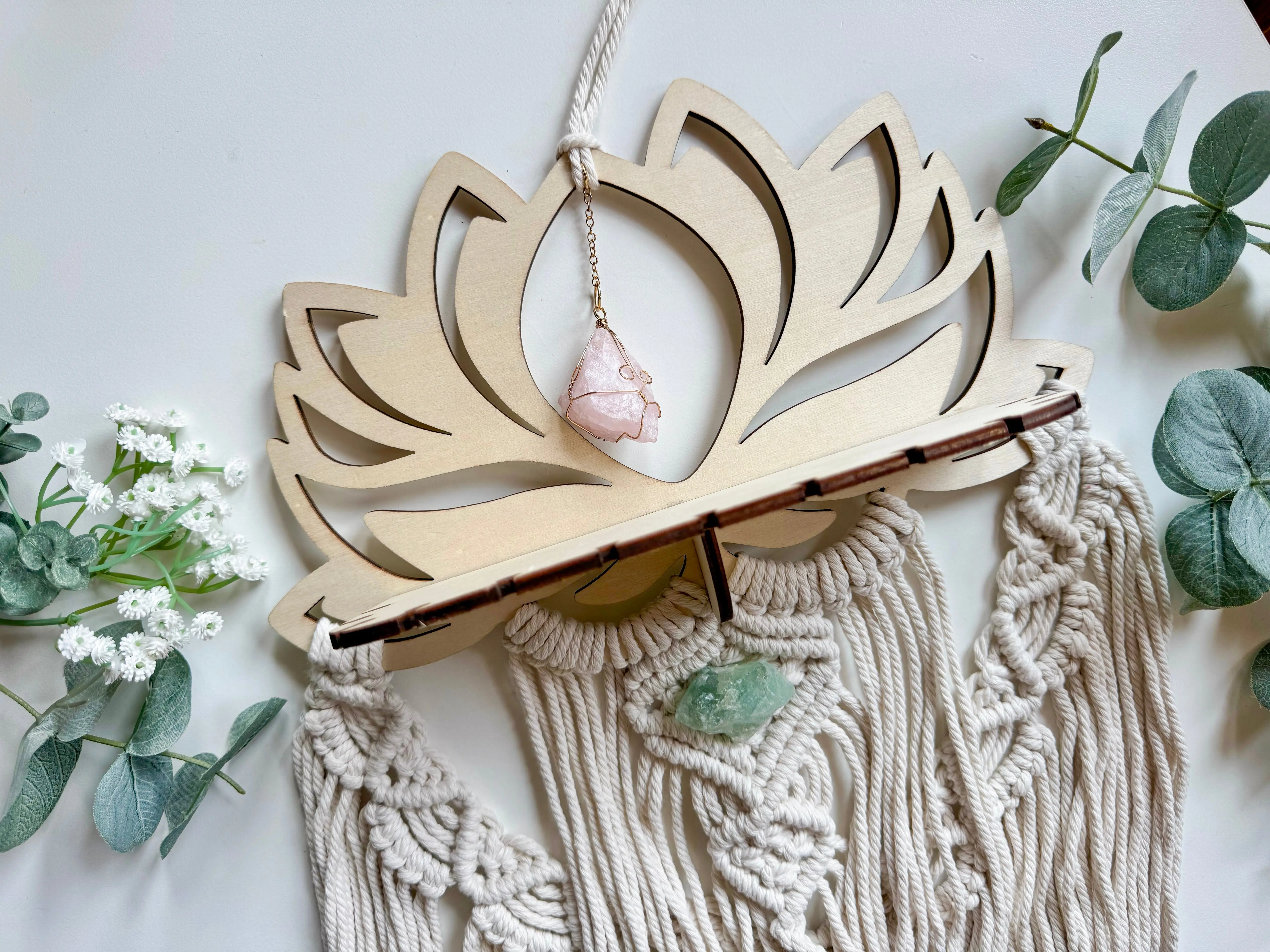 Wood Lotus Macramé Dreamcatcher with Shelf Attachment || Rose Quartz & Fluorite