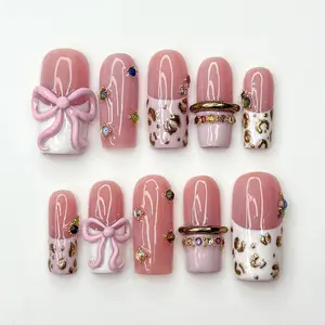 Blush Pink Leopard Press On Nails for Luxury Nail Lovers | Nude Pink Nails with 3D Bow Accent| Leopard French Tips with Gold Detail