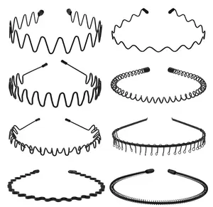 Metal Headband for Men, Unisex Black Wavy Spring Hair Band, Zig Zag Head Band, Fashion Elastic Hair Accessories, Multipack Options Available (8 Pack)