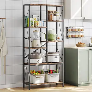 Industrial Split-Level Tall Bookcase, Vintage Metal Frame Open Display Racks, Large Staggered Storage Shelves for Living Room, Bedroom, Home Office, 31 Inch Width Standing Shelf