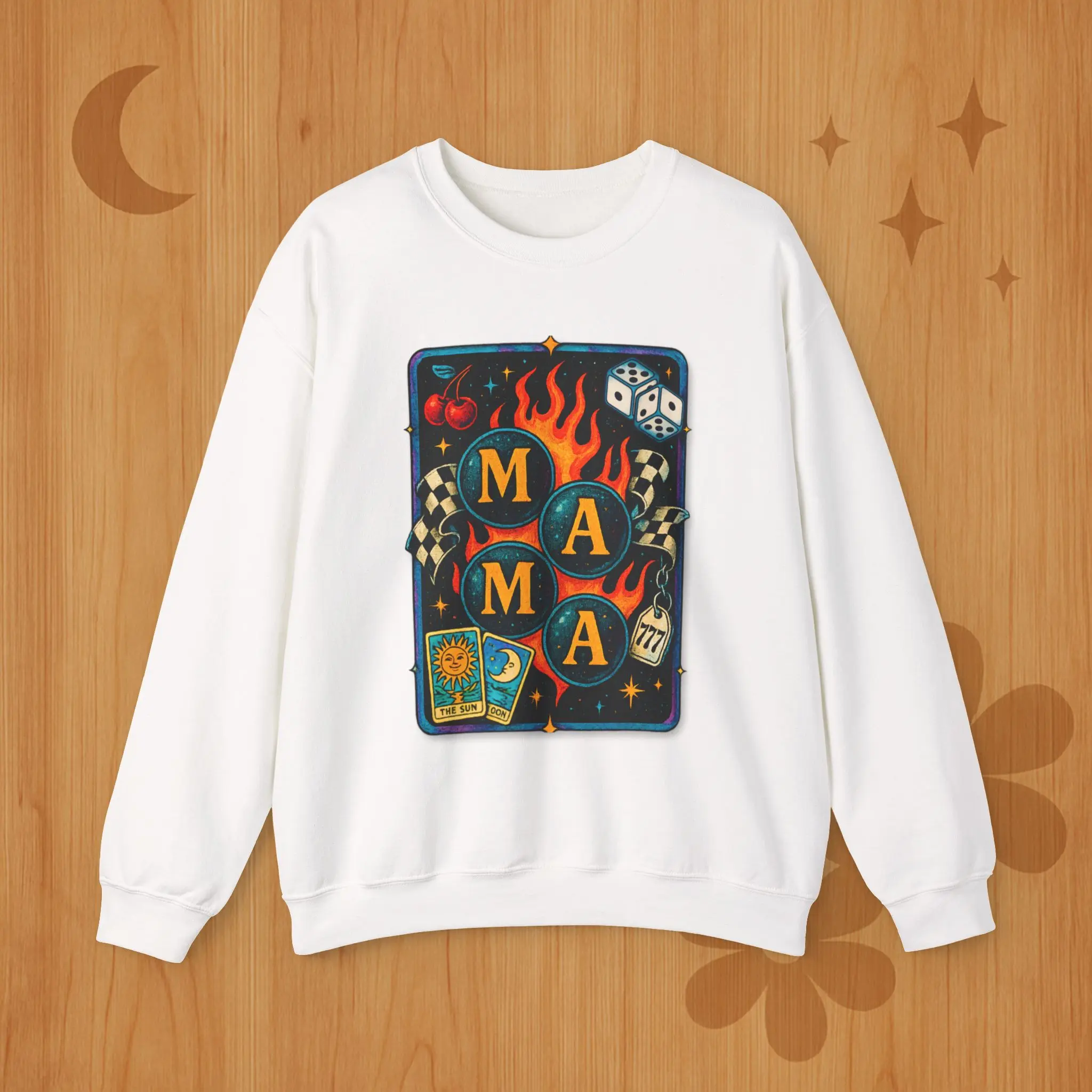 Mama Tarot Flames sweatshirt | tarot cards, dice, checkerboard, 444 777