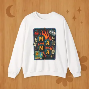 Mama Tarot Flames sweatshirt | tarot cards, dice, checkerboard, 444 777
