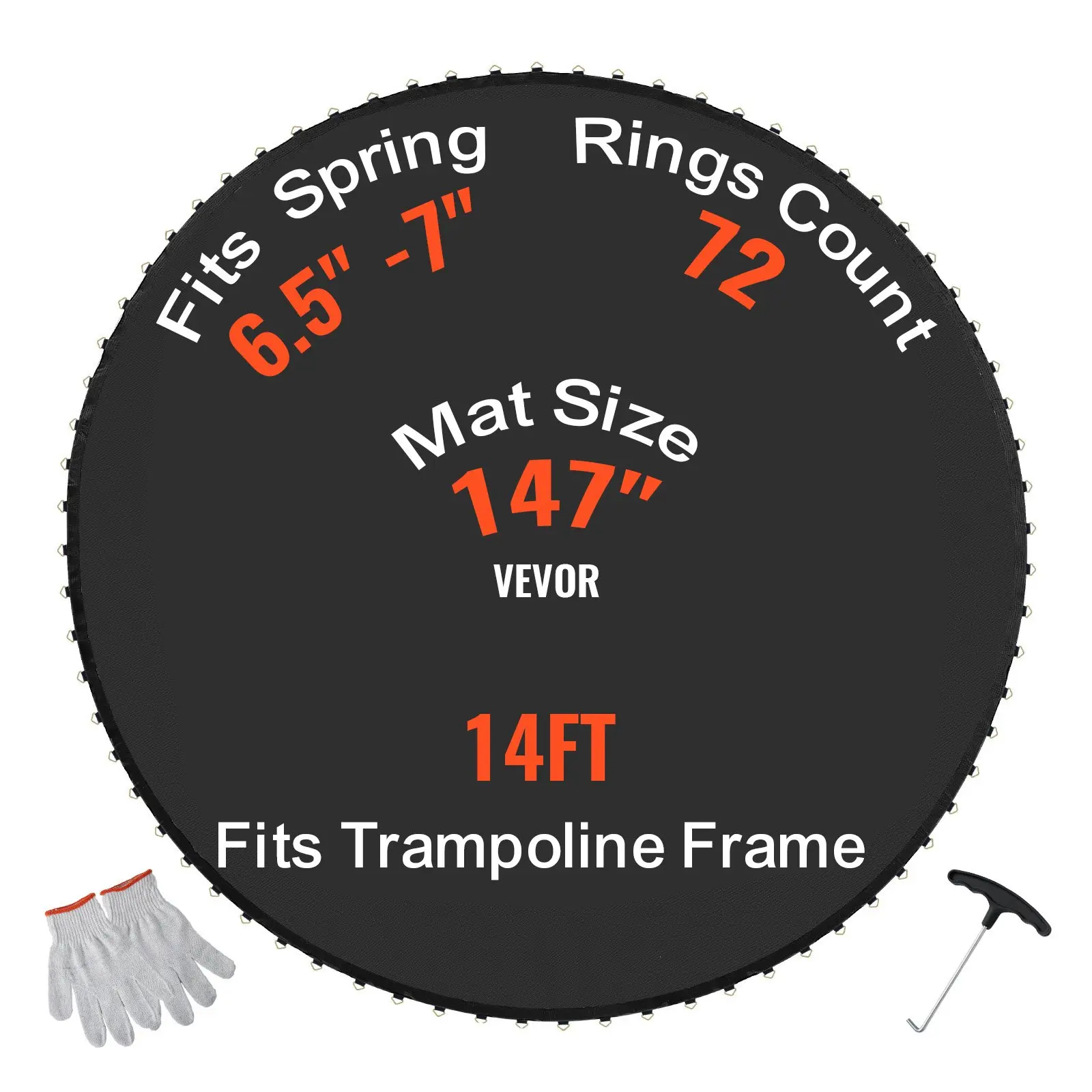 【DealsForYouDays】VEVOR Replacement Trampoline Mat, Jumping Mat Fits 14ft Frame, Universal Jumping Mat for 14ft Round Trampoline, Reinforce UV-Resistant Mat with Spring Tool Durable V-Rings, Fit 6.5-7 Spring Length