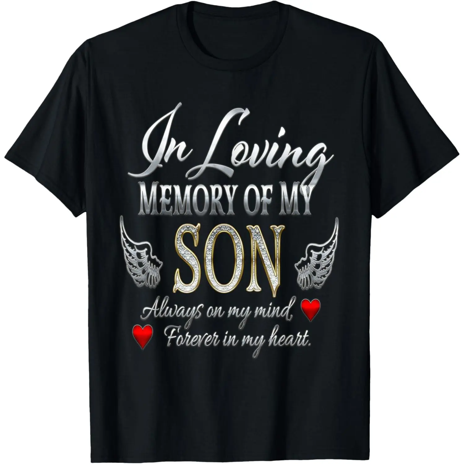 Menswear 100% Cotton Short-Sleeve Round Neck Casual Memorial Top for Beloved Son, Featuring Angel Wings and Loving Words