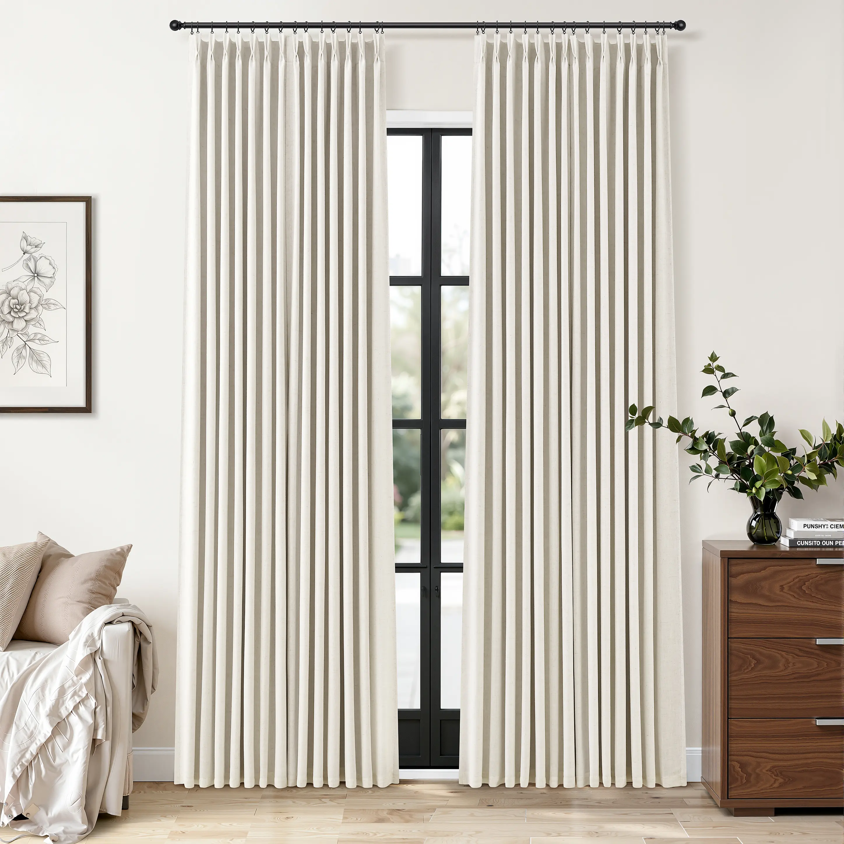 [Double-layer design]Jowels Pinch Pleated Blackout Linen Curtains for Bedroom 2 Panels Set, 100% Black Out Curtains Pinch Pleat Double Layer Drapes for Living Room Office
