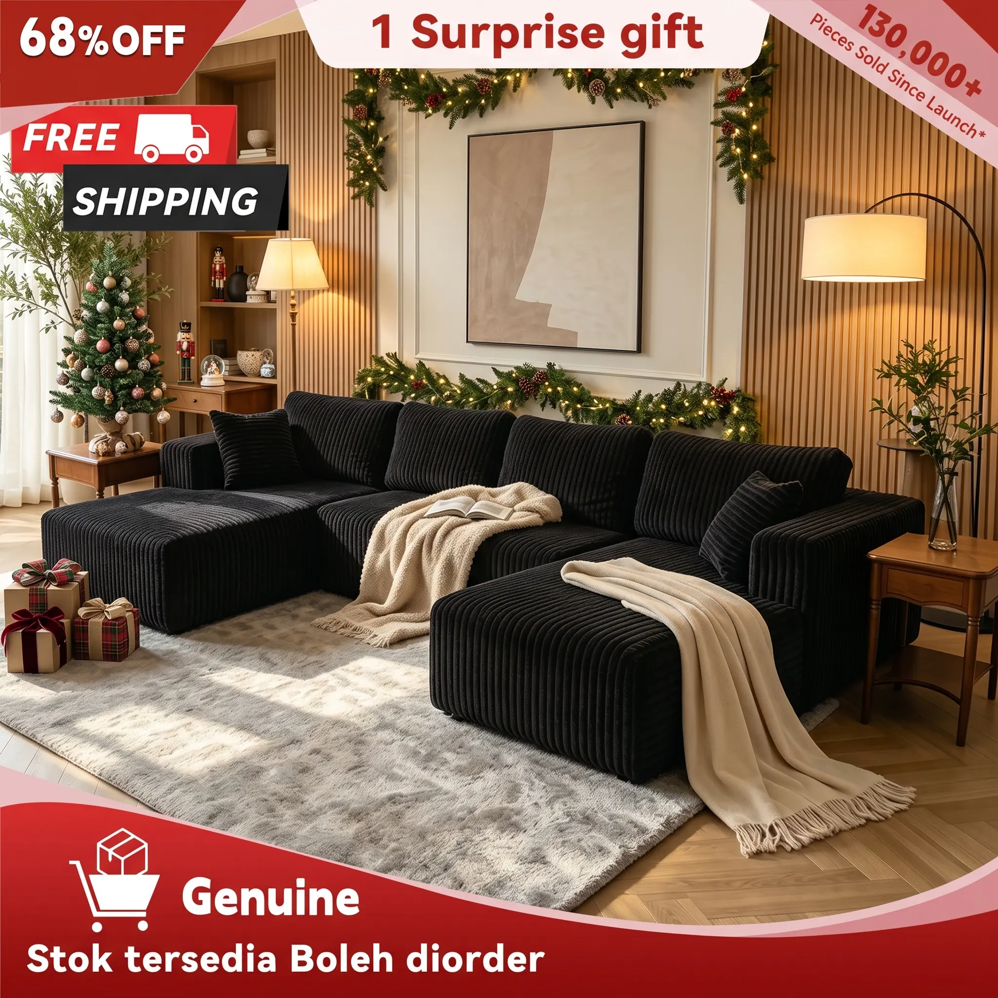 [3 Packages] Orienflex 132-Inch Minimalist U-Shaped Memory Foam Modular Sectional Sofa - Compressed Corduroy Fabric, Deep Seating, Space-Saving, Convertible Sleeper with Cloud-Like Comfort L-Shaped Chenille Couch, Convertible Sofa Bed