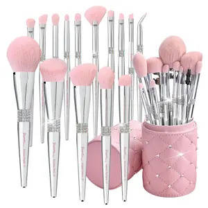 Elegant pink Ultra soft labeled Makeup Brushes Sets Brush Holder makeup brush set Foundation Powder blush blending contour Brush (Silver Pink+Holder)