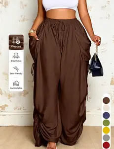 Women's Casual Loose-Fit Wide Leg Drawstring Pants, Womenswear, All-Season Woven Fabric, Long Plain Design, Daily Commute