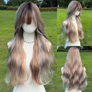 SMILCO/28Inch Highlight Grey with Brown Long Wavy with Bangs Synthetic Wig/SM535