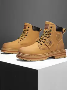 Men's Classic High-Top Boots Fall & Winter, PU Velvet Leather Design, Thick Sole Anti-Slip Wear Resistant, Vintage Style Outdoor Casual Shoes