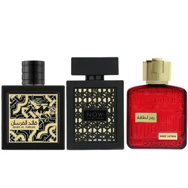 Lattafa Men's 3-Piece Perfume Gift Set - Woody Spicy Oud Fragrance Collection with Rave Now, Ramz Gold & Qaed Al Fursan, 3 x 90ml EDP Sprays, Warm Aromatic Fragrance