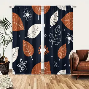 2pcs Window Curtains, A seamless autumn pattern features brown and cream leaves and small flowers on a dark blue background, accented with scattered white dots.Window Drapes for Bedroom Living Room, Rod Pocket Window Treatment