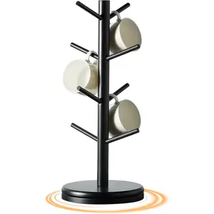 Mug Holder Tree, 360° Rotating Coffee Cup Rack with 8 Hooks, Bamboo Mug Organizer Stand for Countertop, Kitchen & Coffee Bar Accessories, Space-Saving Home Decor (Black)