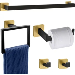 5 Piece Black and Gold Towel Bar Set - Stainless Steel Wall Mounted Bathroom Towel Rack Set with 2 Towel Hooks, 16-Inch Square Gold Black Bathroom Accessories