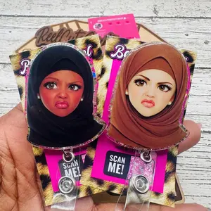 Disgusted Expression Hijab Lady Glitter Badge Reel: Sarcao Nurse ID Holder