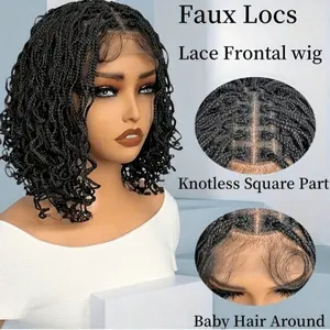 Elegant Full Lace Box Braids Wig for Women Short Culy Synthetic Bob Wig -ready to Wear, High-temperature Fiber, Density, African Style Black