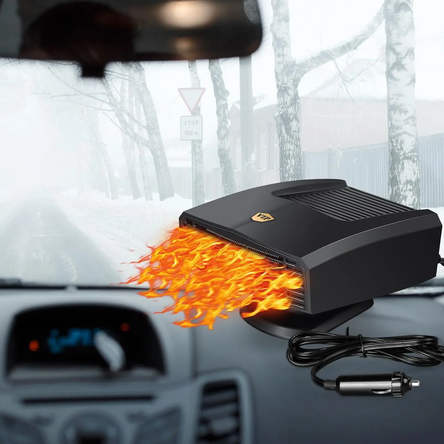 150W Portable 12V Black Car Heater 360° Rotatable Windshield Defogger Fast Heating Auto Window Demister Vehicle Warm Air Device For All 12V Cars Quick Defrost Winter Driving Essential Practical Car Interior Accessory