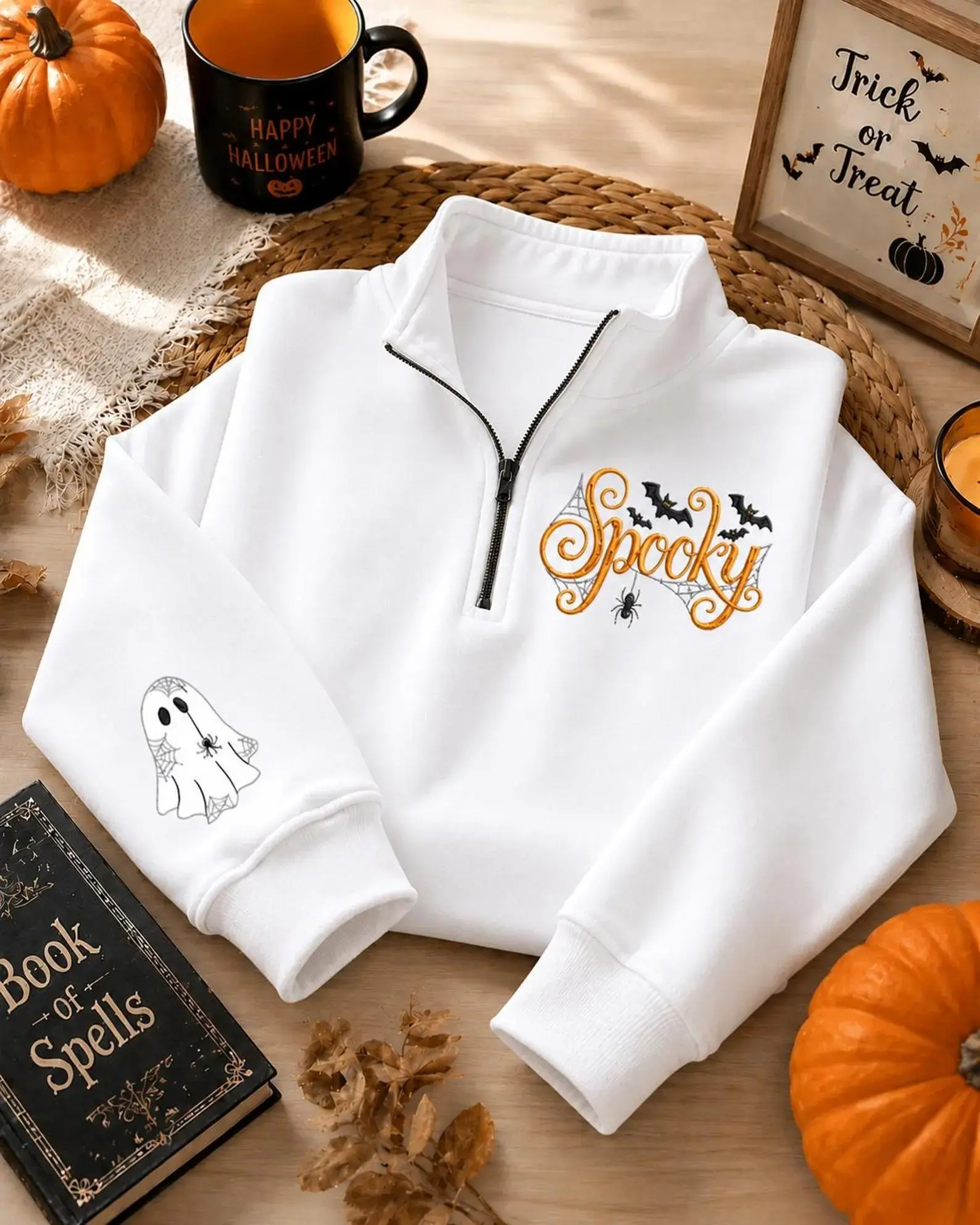[Made in US] Spooky Halloween Quarter Zip Sweatshirt, Embroidered Ghost Sweatshirt, Cute Halloween Pullover, Fall Embroidered Sweatshirt, Halloween Gift