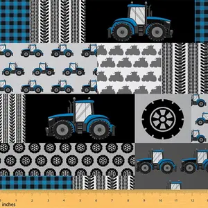 Tractor Upholstery Fabric,Cartoon Farm Tractor Fabric By The Yard,Truck Car Print Decorative Textile Waterproof Fabric,3 Yards Harvester Excavator Plaid Blue Fabric