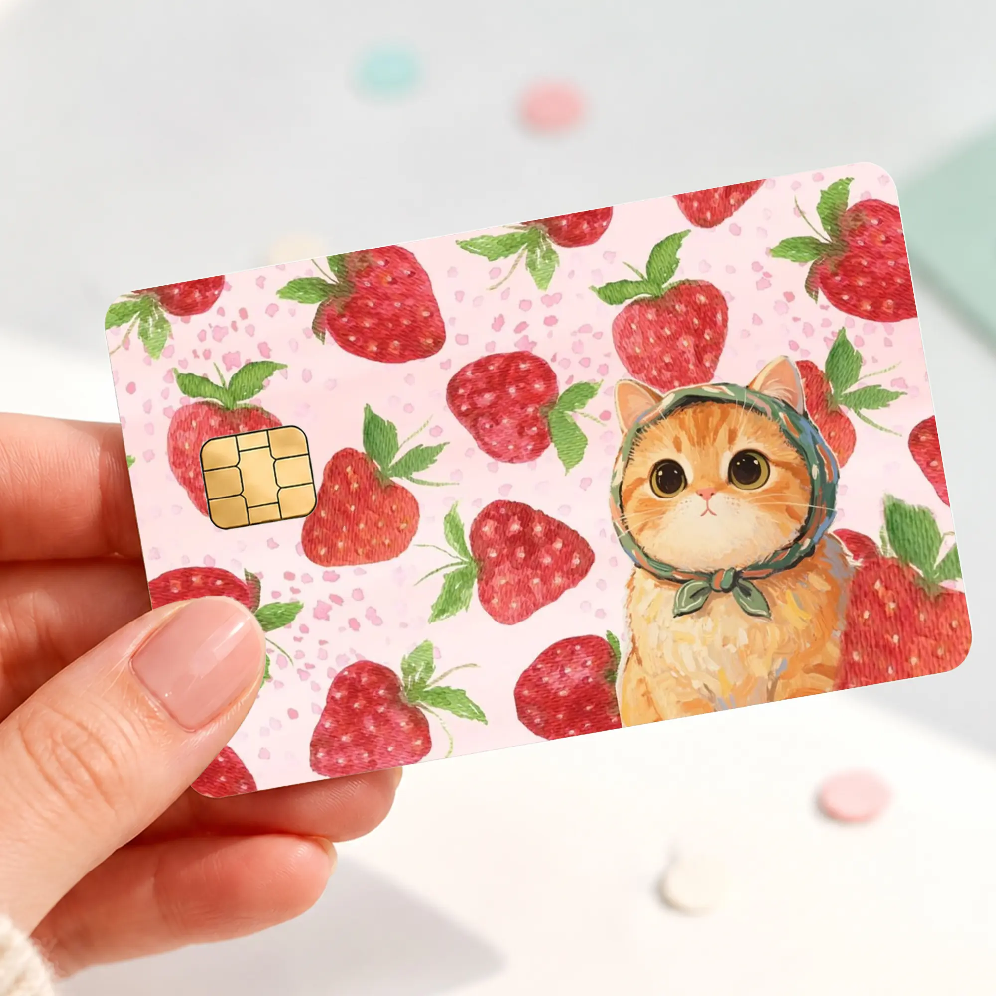 Strawberry Cat Credit Card Skin Sticker, Cute Orange Kitten Debit Card Cover, Pink Cottagecore Fruit Bank Card Decal, Kawaii Cat Lover Card Wrap Gift