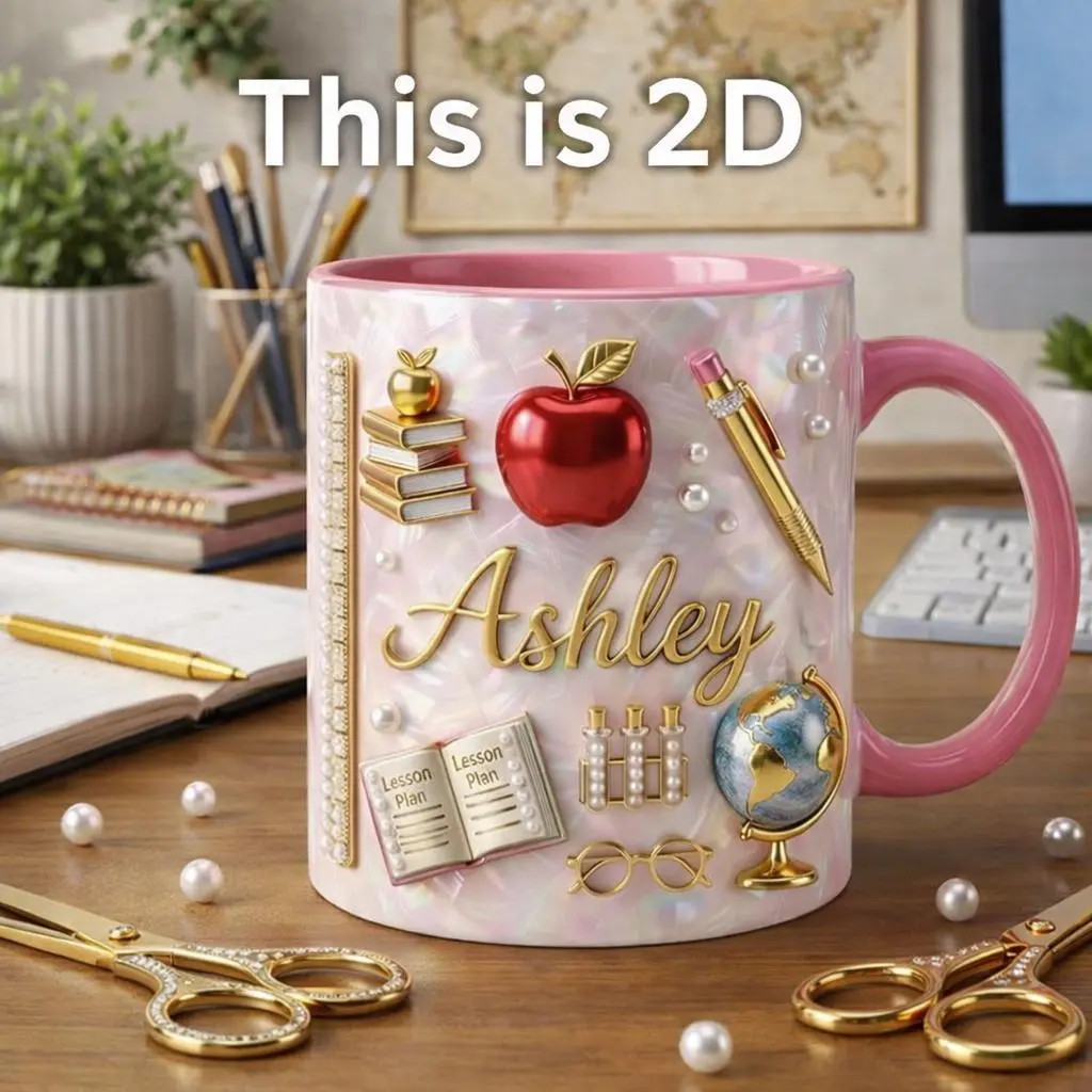 Personalized Teacher 3D Effect Coffee Mug with Name, 2D Printed 3D Effect Apple Teacher Mug, Cute School Theme Mug for Teachers and Educators, Classroom Desk Coffee Cup for Daily Use, Back to School, Christmas Gift Idea for Teacher