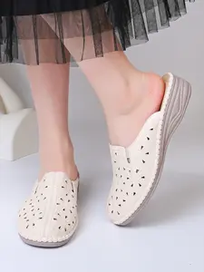 Women's PU Leather Slip-On Mules, Floral Pattern, Hand-Stitched Design, Comfortable & Stylish, Ideal for Daily Wear, Office & Casual Use