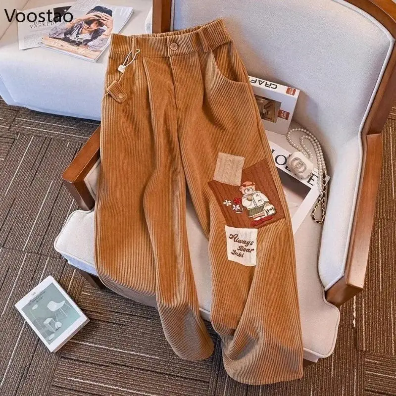 Women's Kawaii Corduroy Bottoms - Casual Lolita Wide-Leg Pants with Cute Cartoon Bear Embroidery - Harajuku Loose Trousers, Bottom