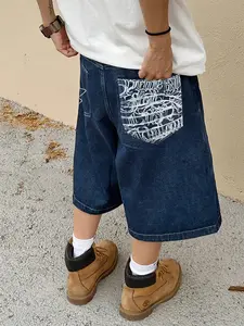 Men's Loose Fit Denim Jeans Shorts, Vintage Blue, Distressed Design, Front Pockets, Ideal Gift for Husband and Boyfriend, Casual Knee-Length Capris