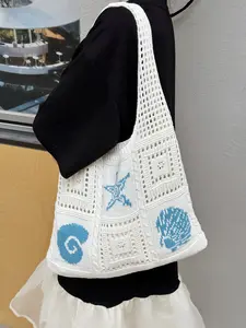 Women's Summer Beach Handbag, Shoulder Tote, Conch Shell Starfish Crochet Design, Large Capacity Open Top Bag, Polyester, Boho Style, Travel Accessory