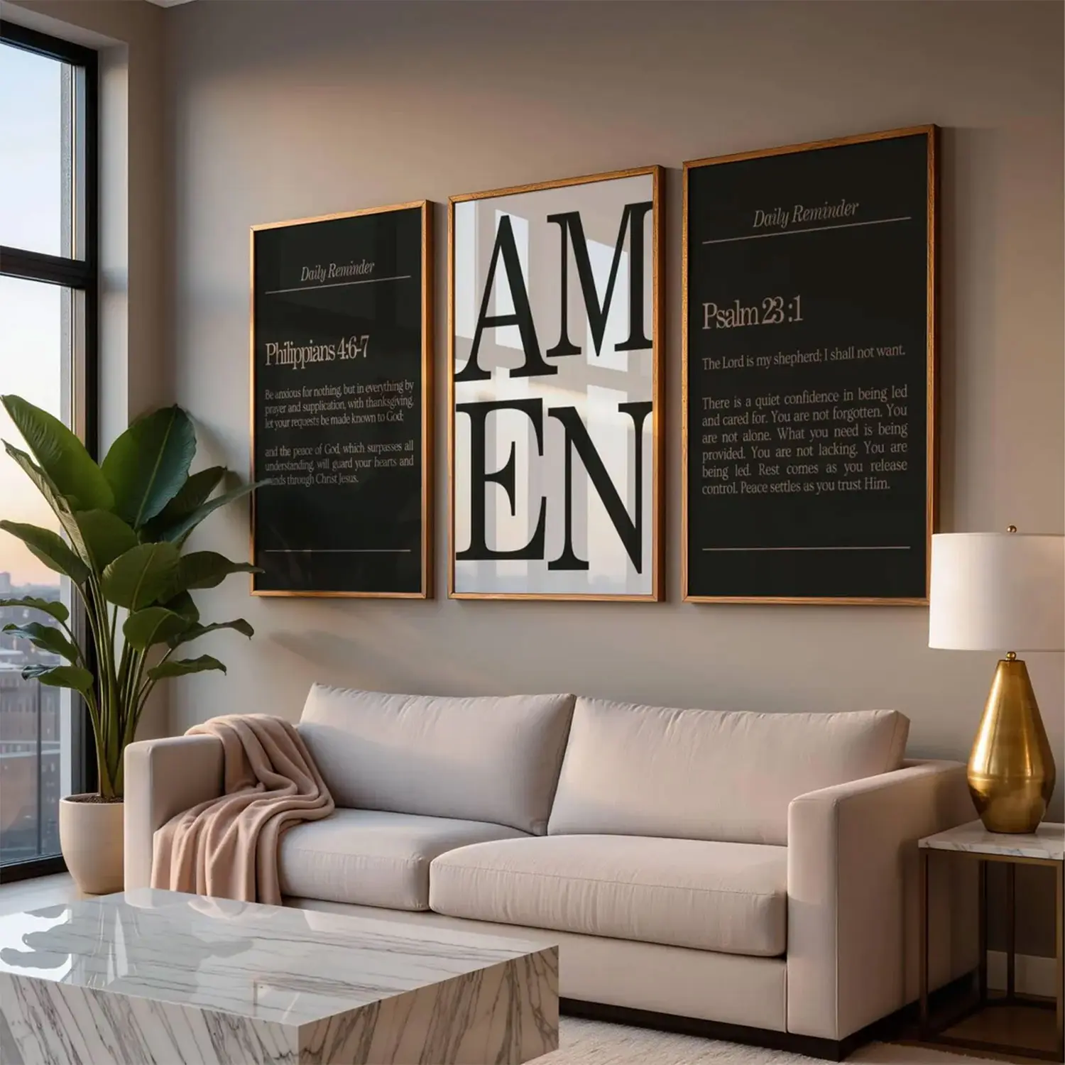 Set of 3 Modern Christian Art, Philippians 4 Poster, Amen Print, Neutral Scripture Wall Art, Christian Girl Decor, Psalm 23 Print (NO FRAME)