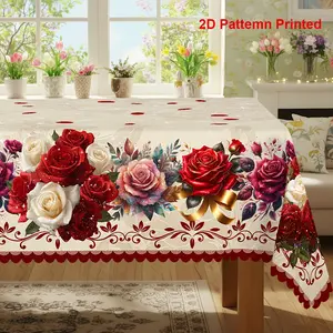 1pc Vintage Colorful Rose Floral Printed Tablecloth | Spring Summer Themed, Embossed Edge, Polyester, Suitable for Indoor Outdoor Dining, Picnic, Dinner, Dining Room Decoration