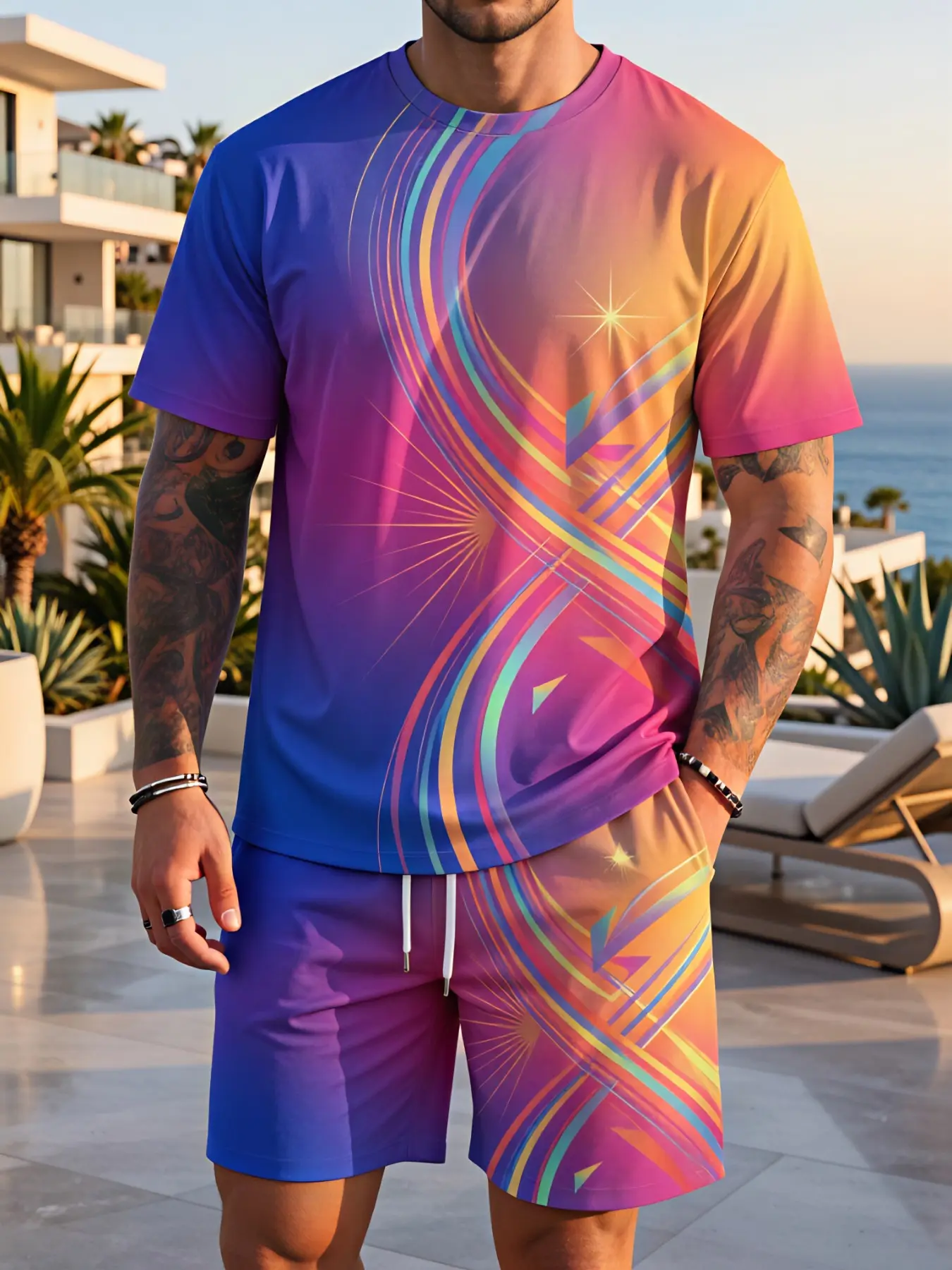 Men's Summer Purple-Orange Gradient Neon-Striped Short-Sleeve T-Shirt and Shorts Set, Outfit, made from stretchy, breathable fabric with a futuristic star-striped design, perfect for vacations, lounging at home, and more