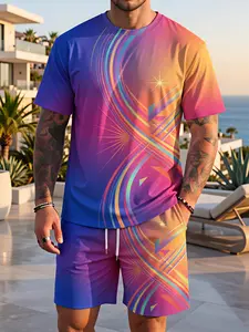 Men's Summer Purple-Orange Gradient Neon-Striped Short-Sleeve T-Shirt and Shorts Set, made from slightly stretchy, breathable fabric with a futuristic star-striped design—a versatile casual set perfect for vacations, lounging at home, and more