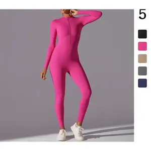 Women Zipper Yoga Jumpsuit Nude Long Sleeve High Intensity Workout One Piece Leotard Fitness Dance Gym Aerial Yoga Jumpsuit