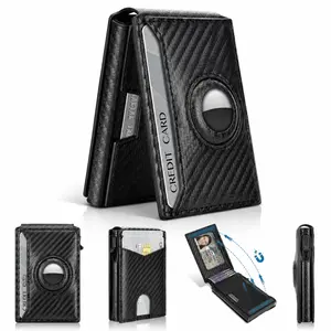 Men's Minimalist Bifold Wallet - RFID Protection, Slim Carbon Fiber Card Holder, Airtag Compatible, Quick Access Pop-up Design, Holds Up to 10 Cards, Compact Everyday Carry aluminum gift id window