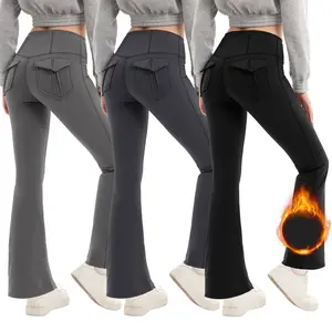 3PCS Women's Fleece-lined Flared Leggings with Pockets High-Waisted Butt Lifting Fitness Yoga Pants for Gym Sportswear & Running Outfits