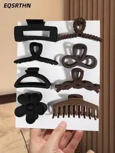 8 pieces of curry hair clip set, multi-style square, keel, big flower, semicircle, clover hollow clip, autumn and winter deep brown and black geometric hair clip combination, ladies commute to work hair binding coil daily application, Clip in Claw