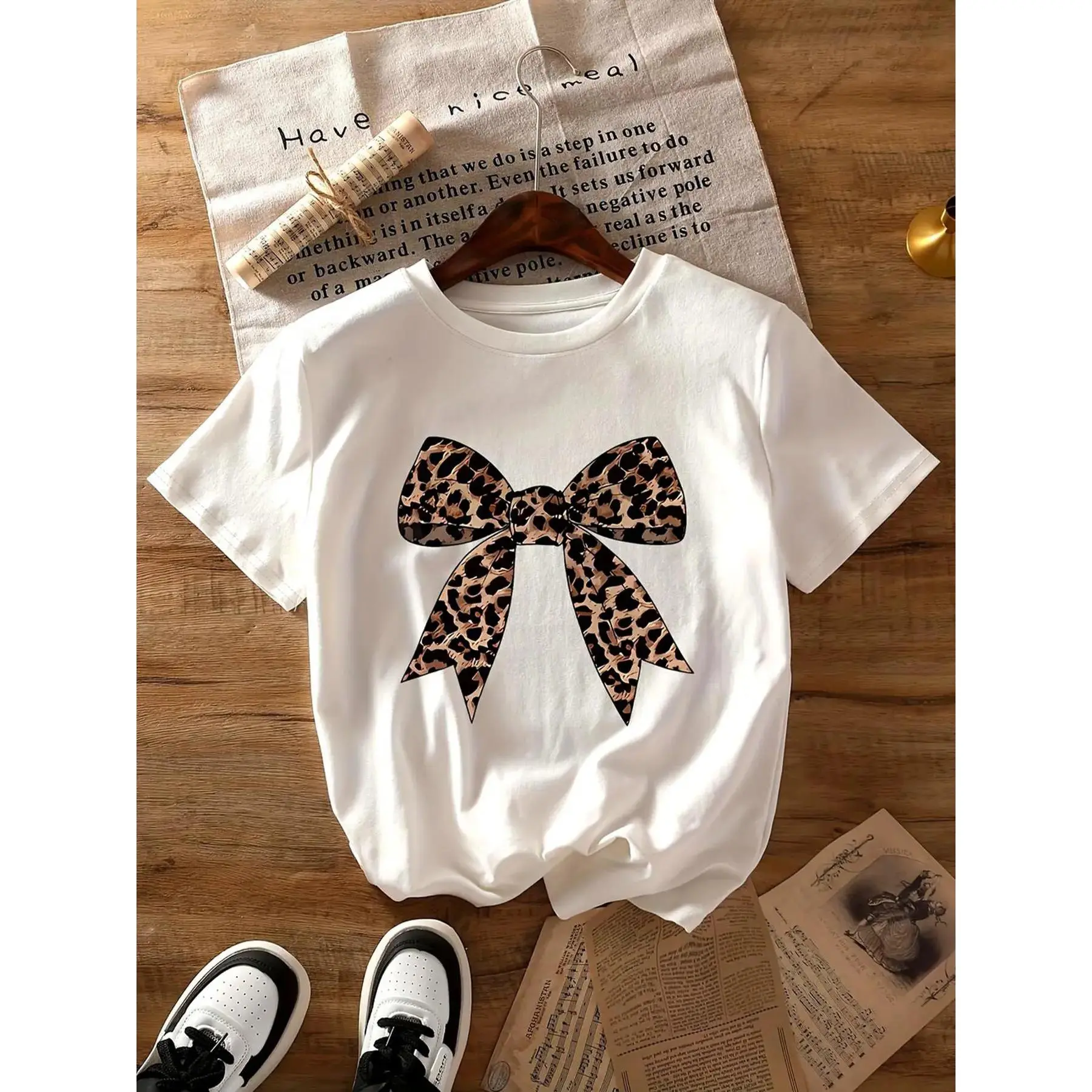 Graphic T-Shirt for Women, Streetwear Bow Print in Lightweight 100% Cotton Fabric with Crew Neck for All-Season Casual Outfits, Shortsleeve, Party, Leggings, Lady, Breathable, Comfortable, Printed, Style, Neck Top, Round Neck
