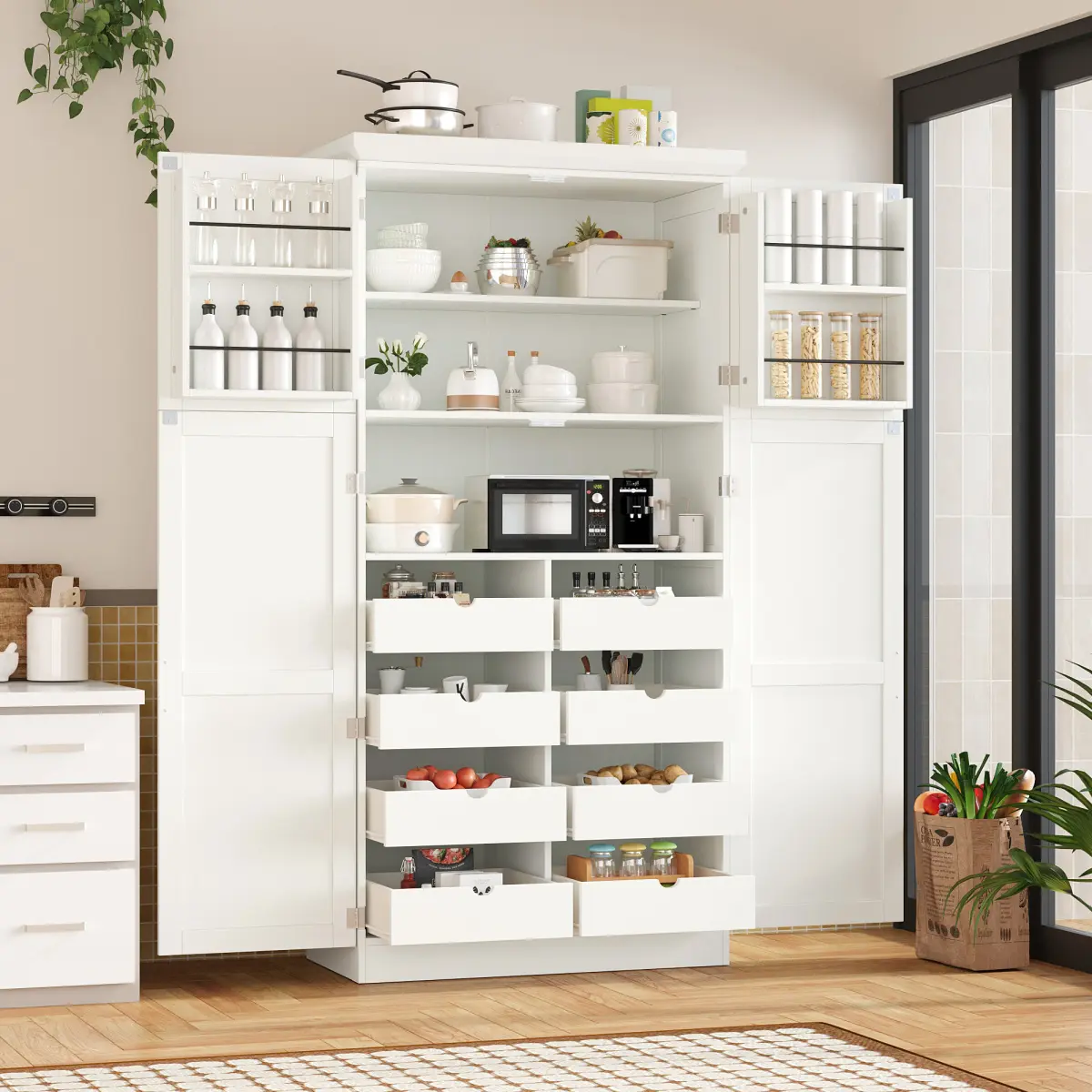 White Freestanding Food Pantry Cabinets - Kitchen Cupboard with 8 Pull-Out Trays, 4 Doors, 2 Door Shelves and Adjustable Shelf for Kitchen, Dining Room