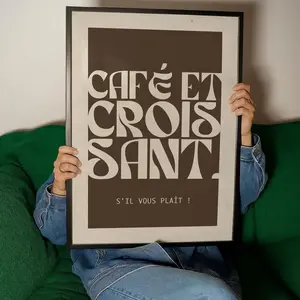 Café et Croissant Cozy Wall Art – Brown French Kitchen Typography Print, Paris Breakfast Quote Print, Warm Brunch Decor M