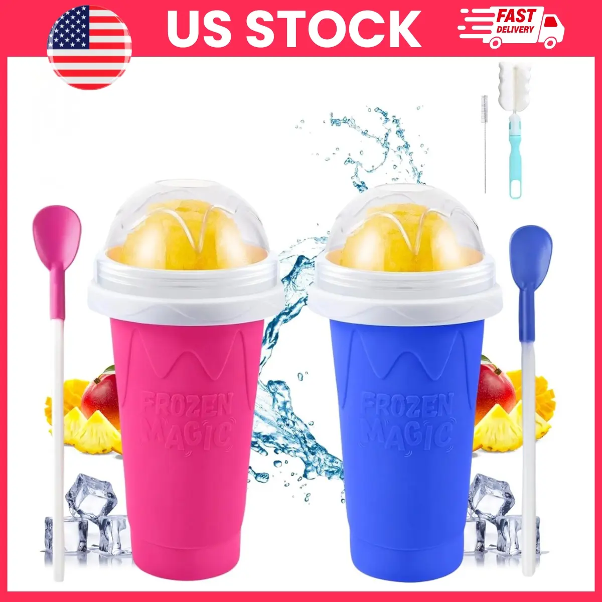 2 Pack Slushie Cup Maker Squeeze Activated Frozen Magic Cups with Straw and Lid for Making Slushy Drinks, Smoothies, Milkshakes, Juice and Ice Cream at Home, Reusable Silicone Freezer Cup DIY Kids Dessert Maker, Kitchen Gadget, Summer Drink Maker Gift