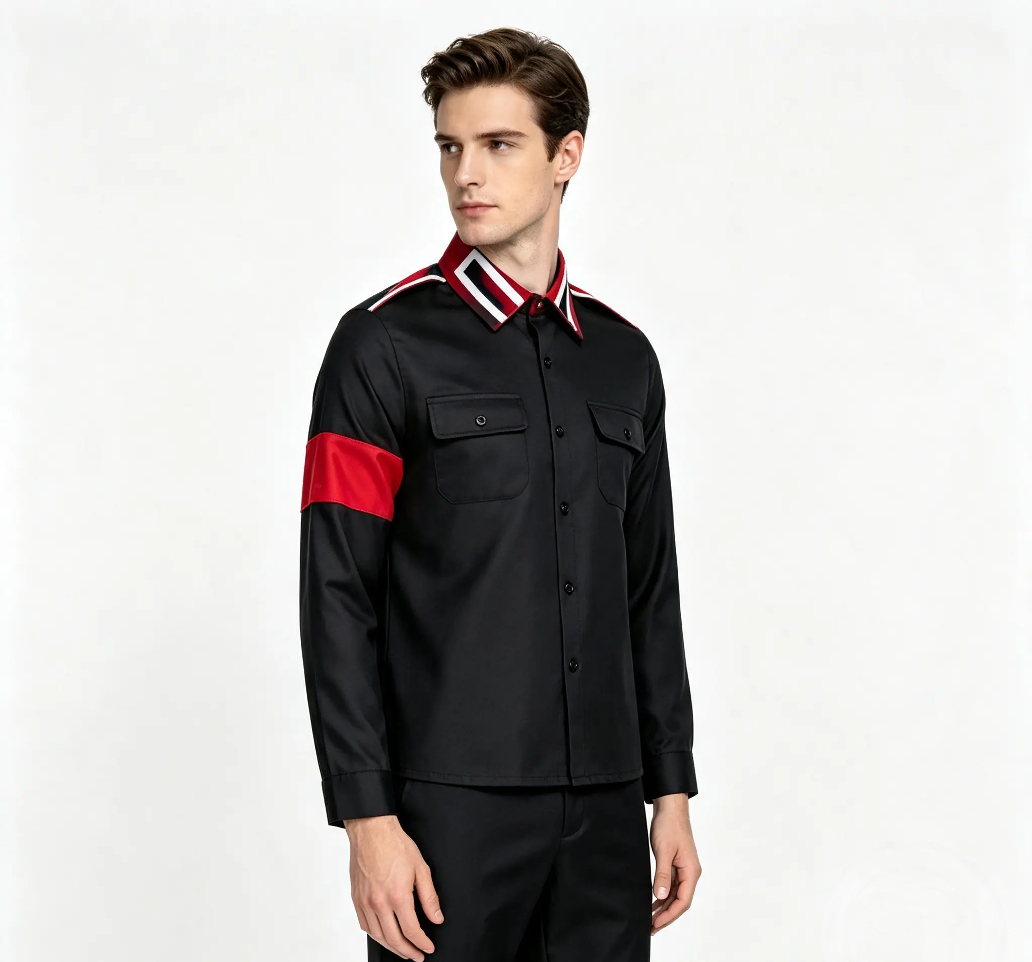 Classic breathable black polyester stage performance shirt – long sleeves, red striped collar, Halloween cosplay costume for concerts and themed parties