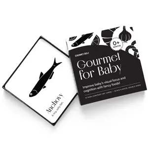 Chunky Deli Gourmet for Baby High Contrast Art Cards - 10 Durable Double Sided 5 Inch Cards for Babies 0-24 Months - Black & White Silhouettes of Fancy Foods - Perfect Gift for Newborns
